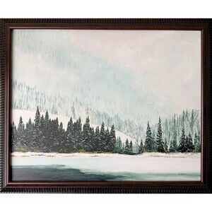 Framed Original Oil Painting Snow Lake Pines Winter Landscape Art 19x23" Signed